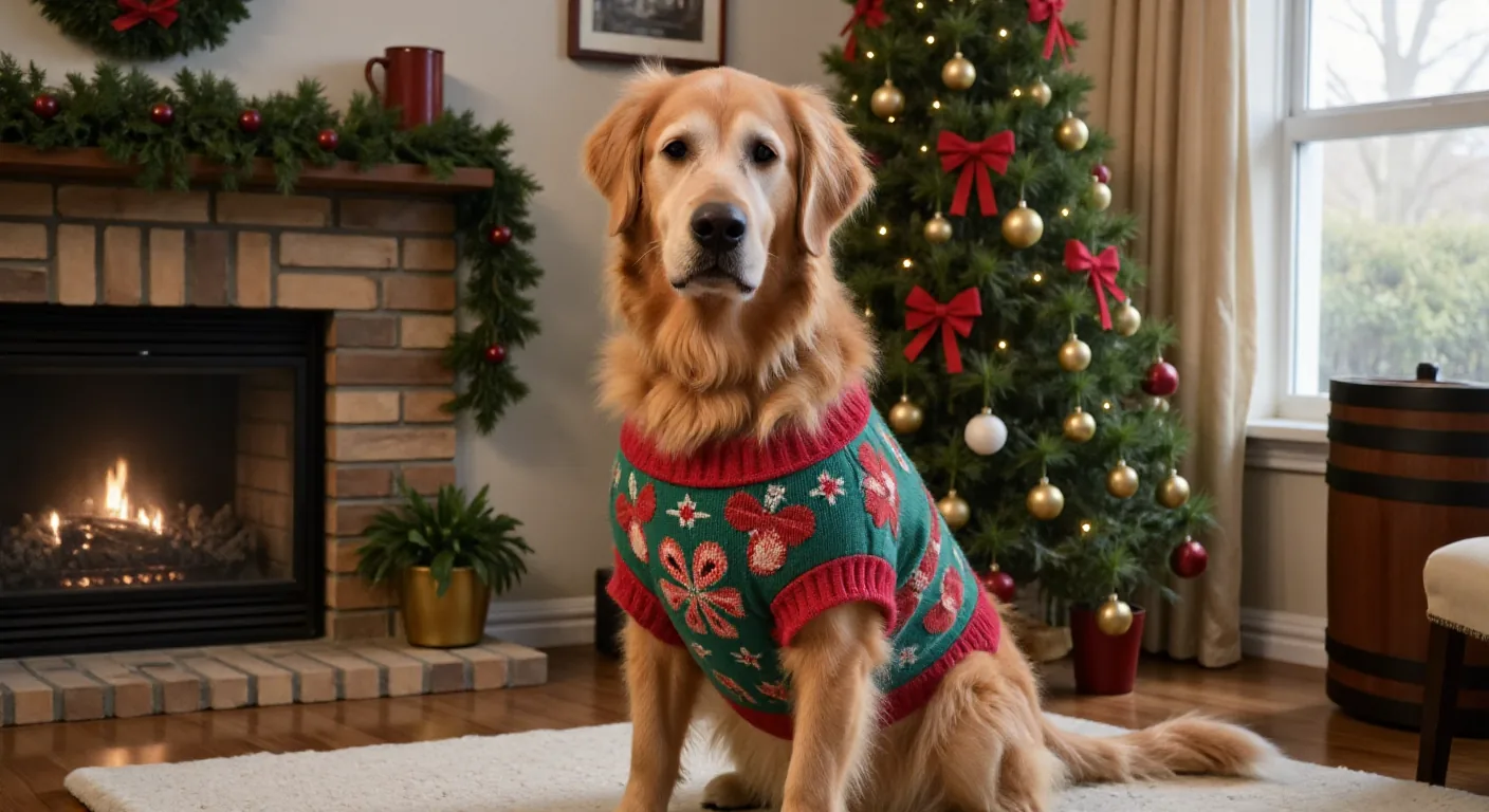 AI-generated golden retriever holiday sweater photo