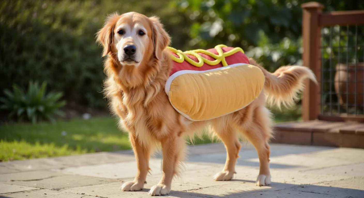 AI-generated golden retriever hot dog costume photo
