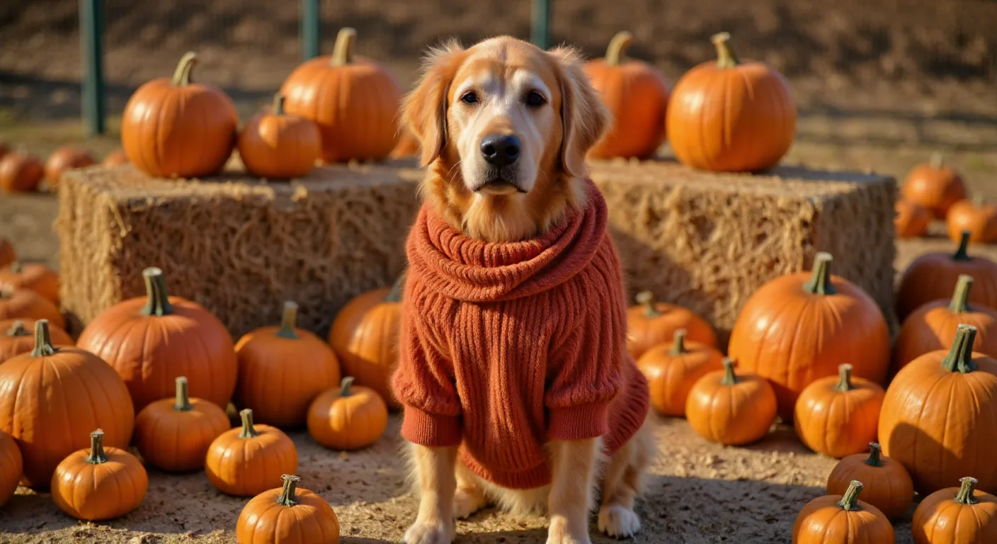 AI-generated golden retriever pumpkin patch Halloween photo