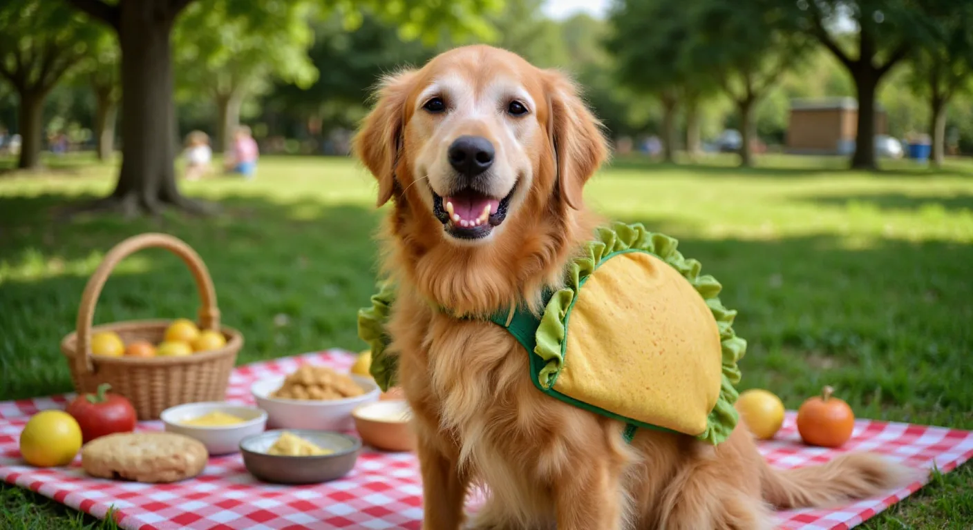 AI-generated golden retriever taco costume photo