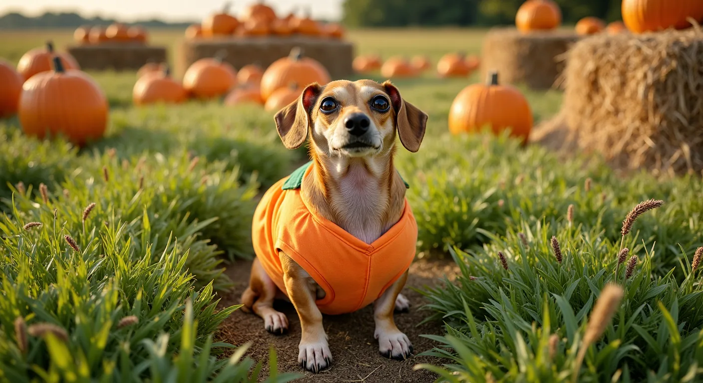 AI-generated pumpkin dog costume photo made with Dress Up My Pet