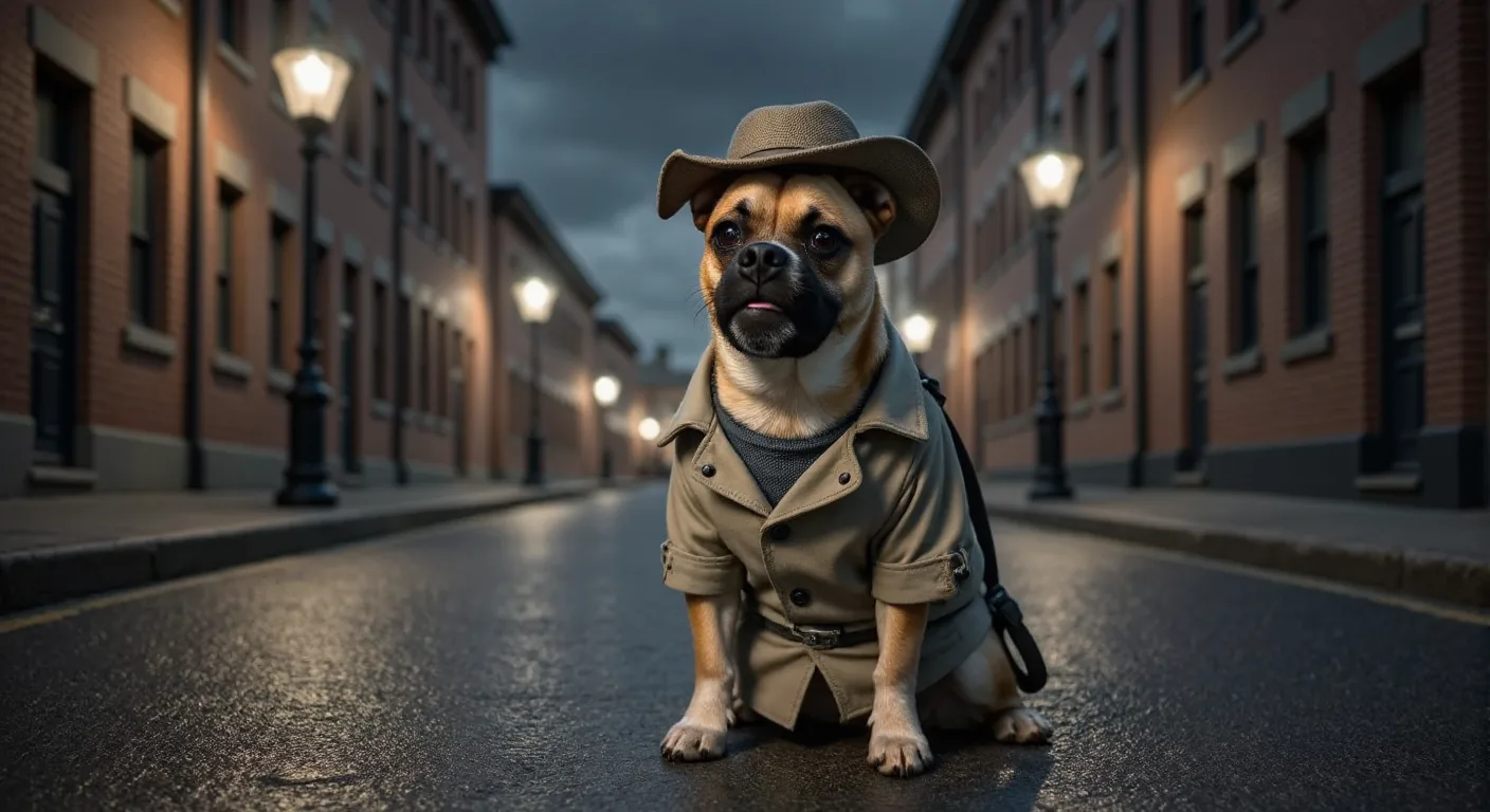AI-generated detective pug portrait made with Dress Up My Pet