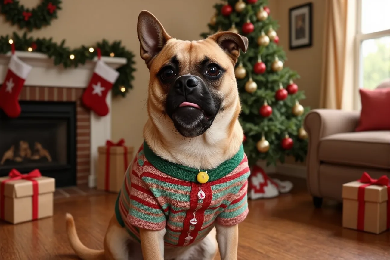 AI-generated holiday sweater pug photo made with Dress Up My Pet