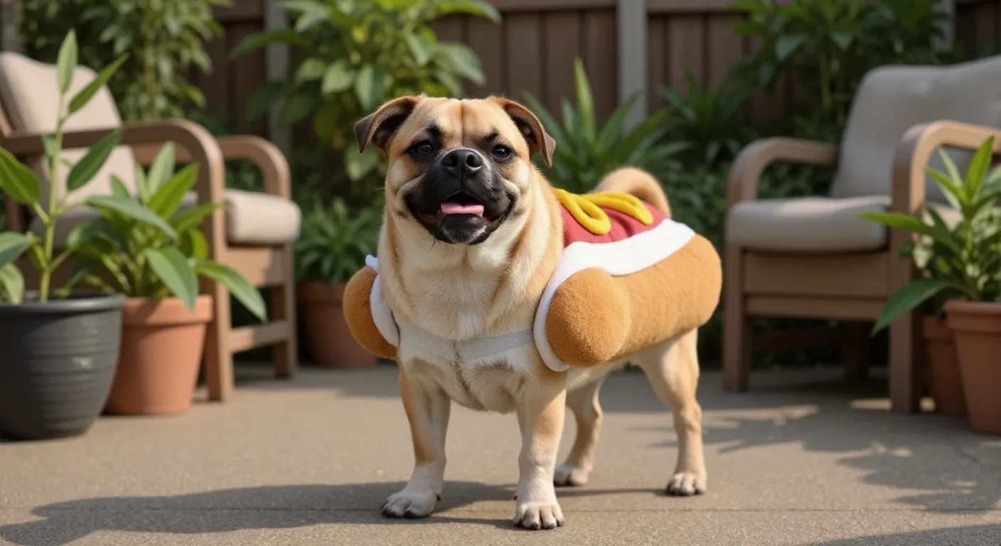 AI-generated pug hot dog costume photo made with Dress Up My Pet