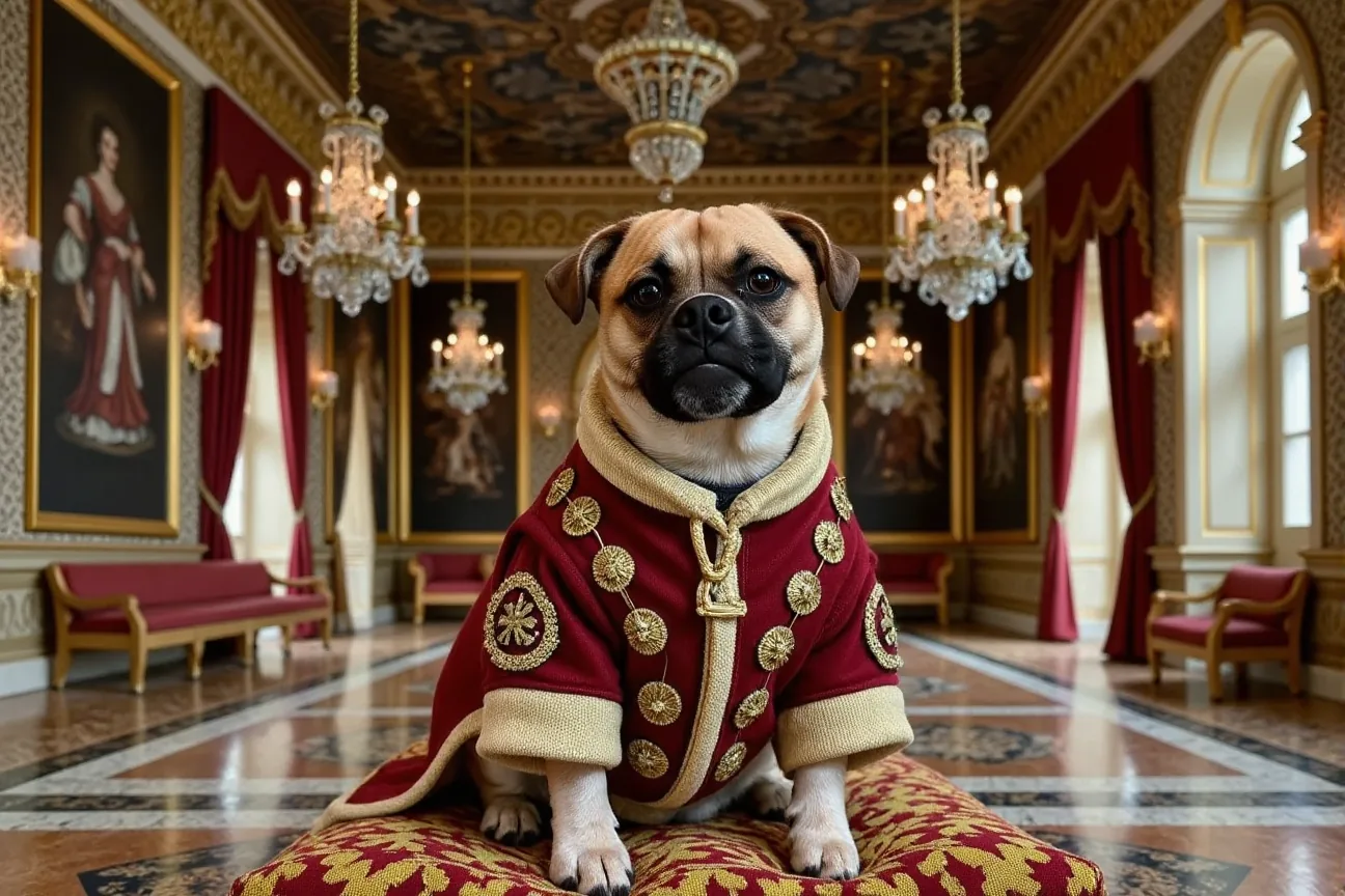 AI-generated royal pug portrait made with Dress Up My Pet