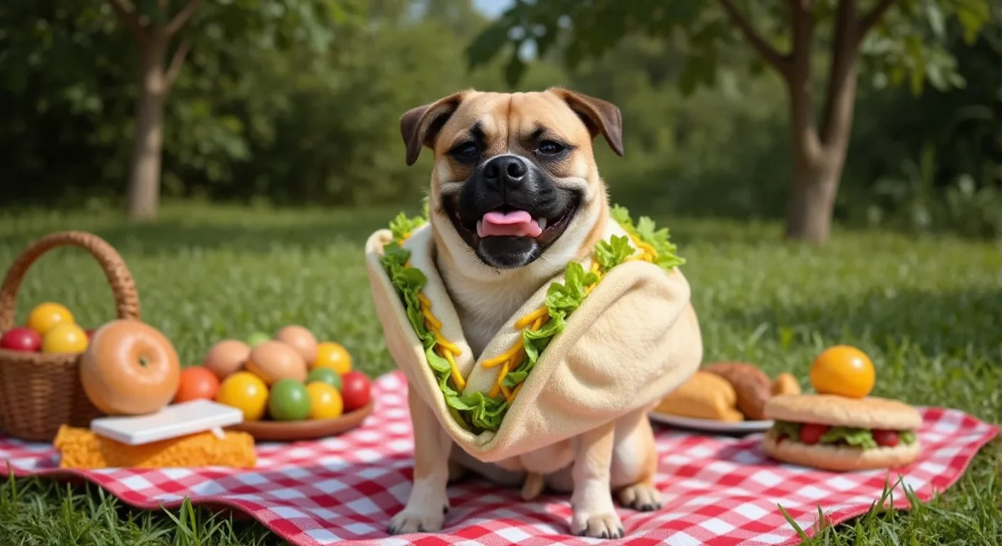 AI-generated pug taco costume photo made with Dress Up My Pet
