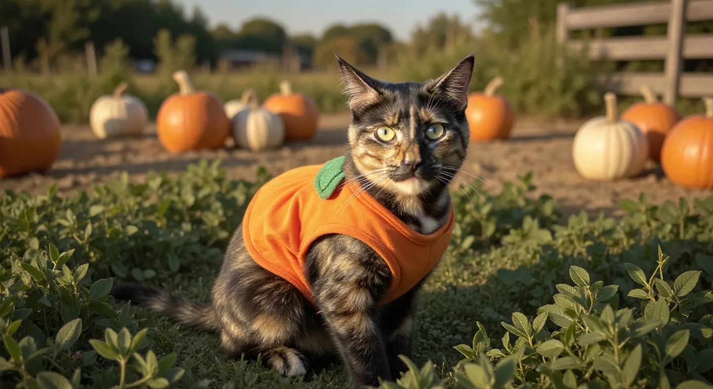 AI-generated pumpkin cat costume photo made with Dress Up My Pet