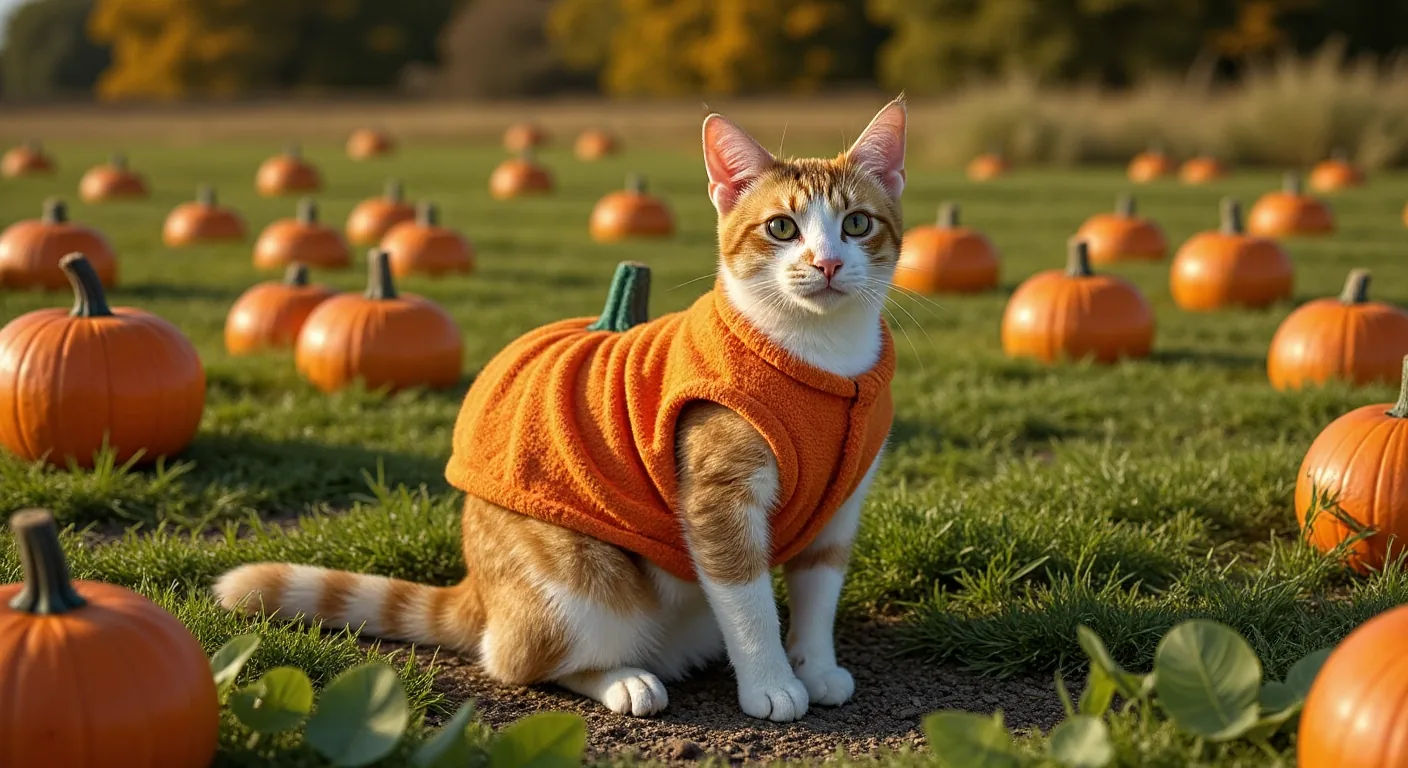 AI-generated pumpkin cat portrait made with Dress Up My Pet