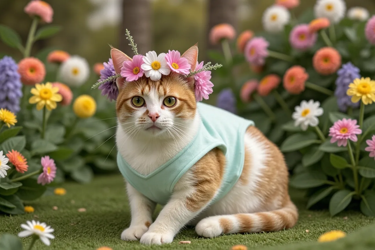 AI-generated flower crown cat portrait made with Dress Up My Pet