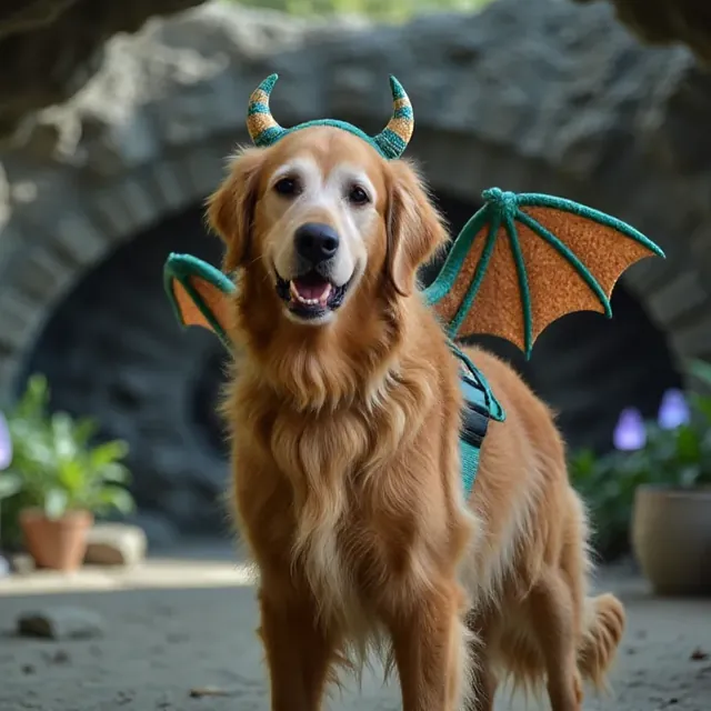 Real golden retriever transformed into a dragon costume with AI