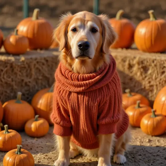 Golden retriever turned into a pumpkin patch costume photo