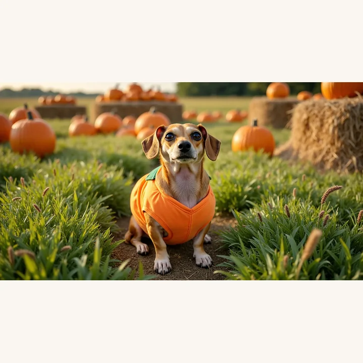 Olive the dog turned into a pumpkin costume portrait