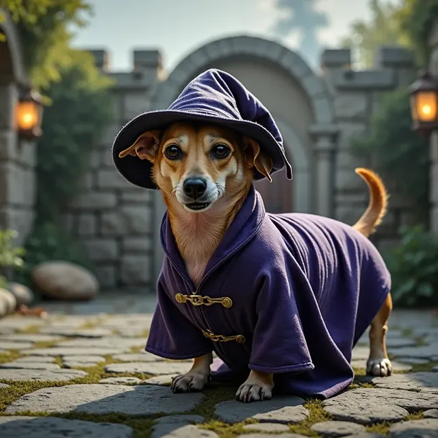 Real dog transformed into a wizard costume with AI
