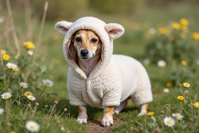 Real dog transformed into a baby lamb costume with AI