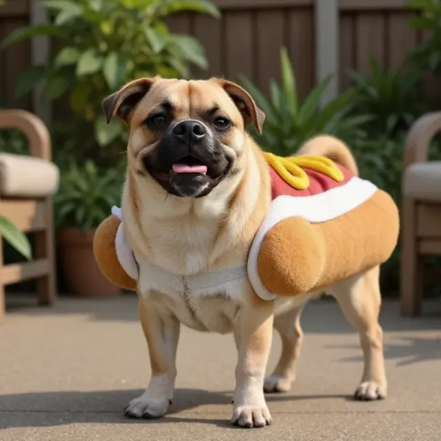 Real dog transformed into a hot dog costume with AI