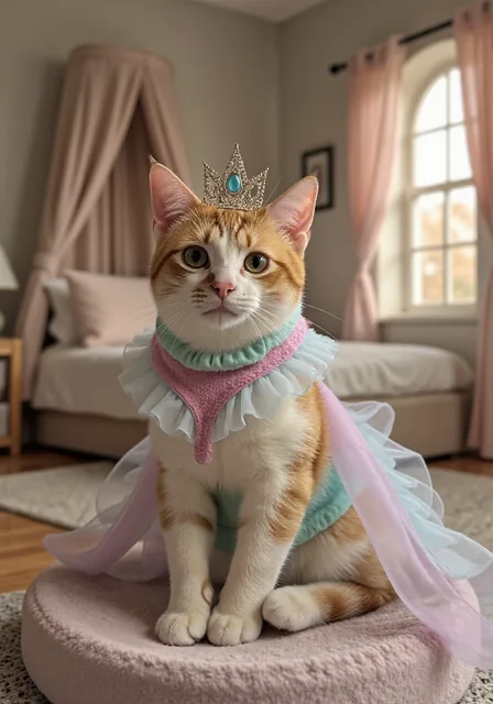 A real cat turned into a princess costume portrait